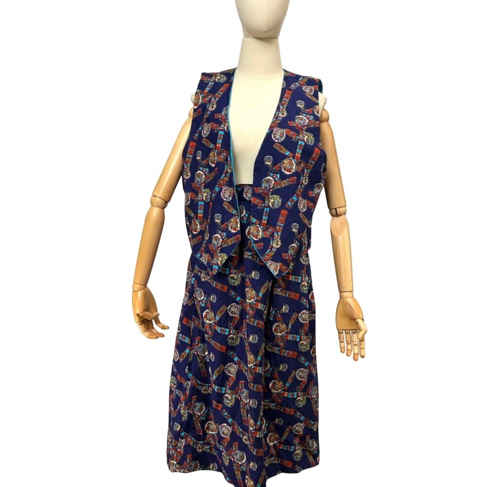 Vintage 80s Navy Blue Cotton Native American Motif Vest & Wrap Skirt Set